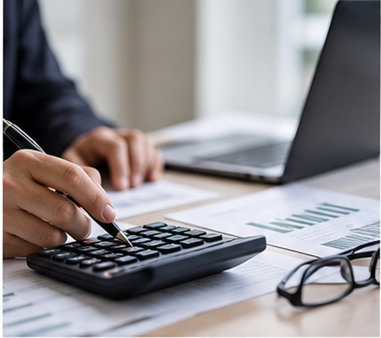 Working through the month’s figures on a calculator